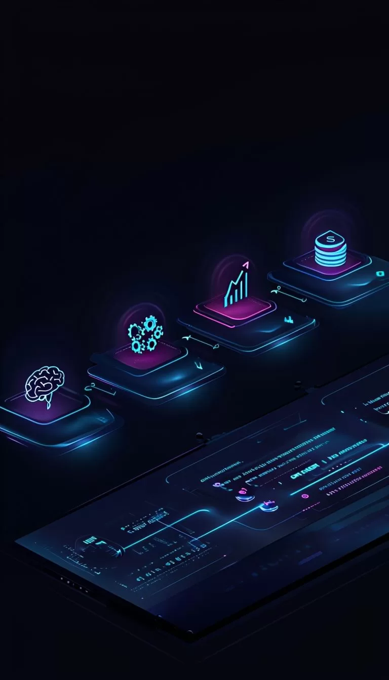 A sleek, futuristic AI-powered flowchart illustrating the steps to AI wealth—Learn, Automate, Scale, and Profit—each represented by glowing icons in a structured, visually engaging format.